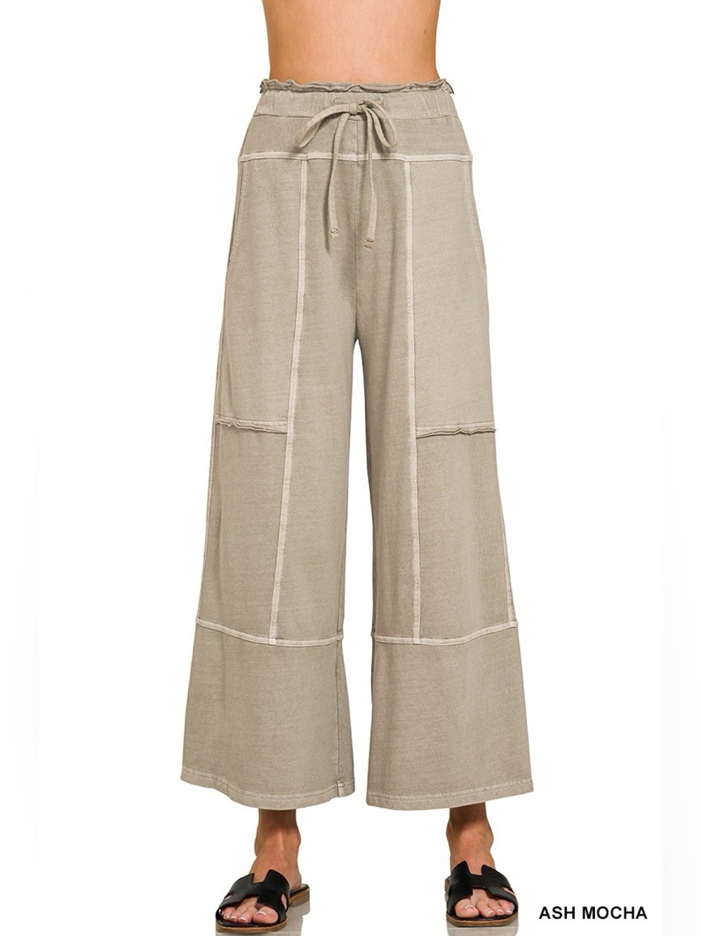 Zenana French Terry Washed Exposed Seam Wide Leg Pants Ash Mocha NWT🛍️
